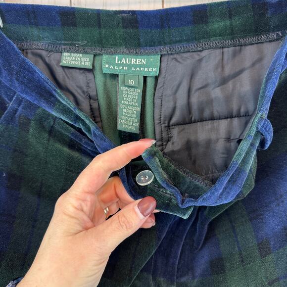 VTG Lauren Ralph Lauren Blue/Green Tartan Plaid Velvet High Rise Pants Size 10 - Picture 10 of 16
